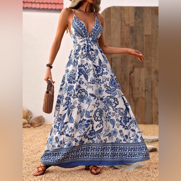 Criss cross boho gypsy floral maxi dress v neck backless orange white - Picture 2 of 7